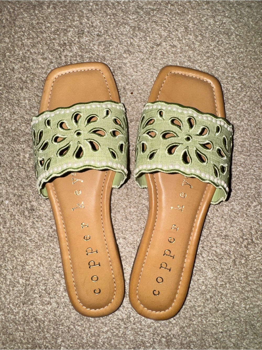 Copper Key Light Green Laser-Cut Slide Sandals